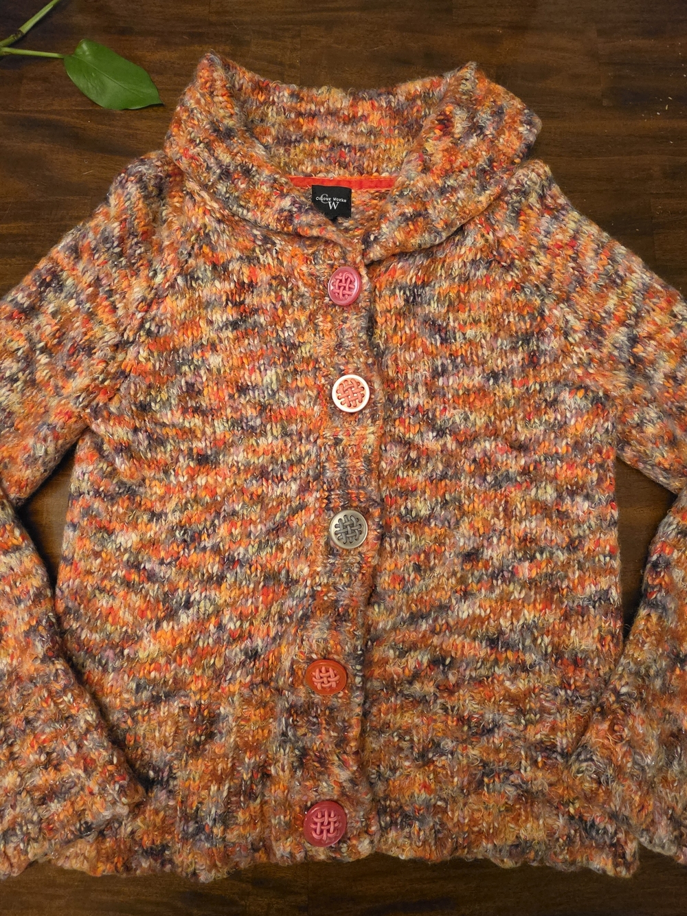 Colour Works Multi-Color Marled Knit Cardigan Sweater Size M Chunky Button Up